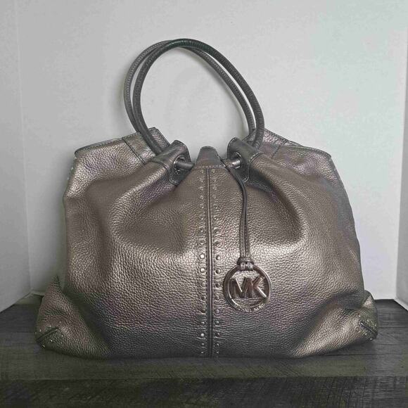 Michael Kors Metallic Pewter Pebbled Leather Double Handle Tote Handbag - Picture 1 of 13